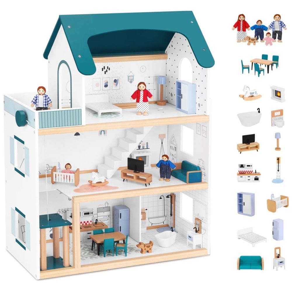 Casa de Bonecas de Madeira com Elevador, 21 Peças de Móveis, 4 Bonecas e 1 Animal de Estimação para Crianças de 3 a 12 Anos, TookyToy