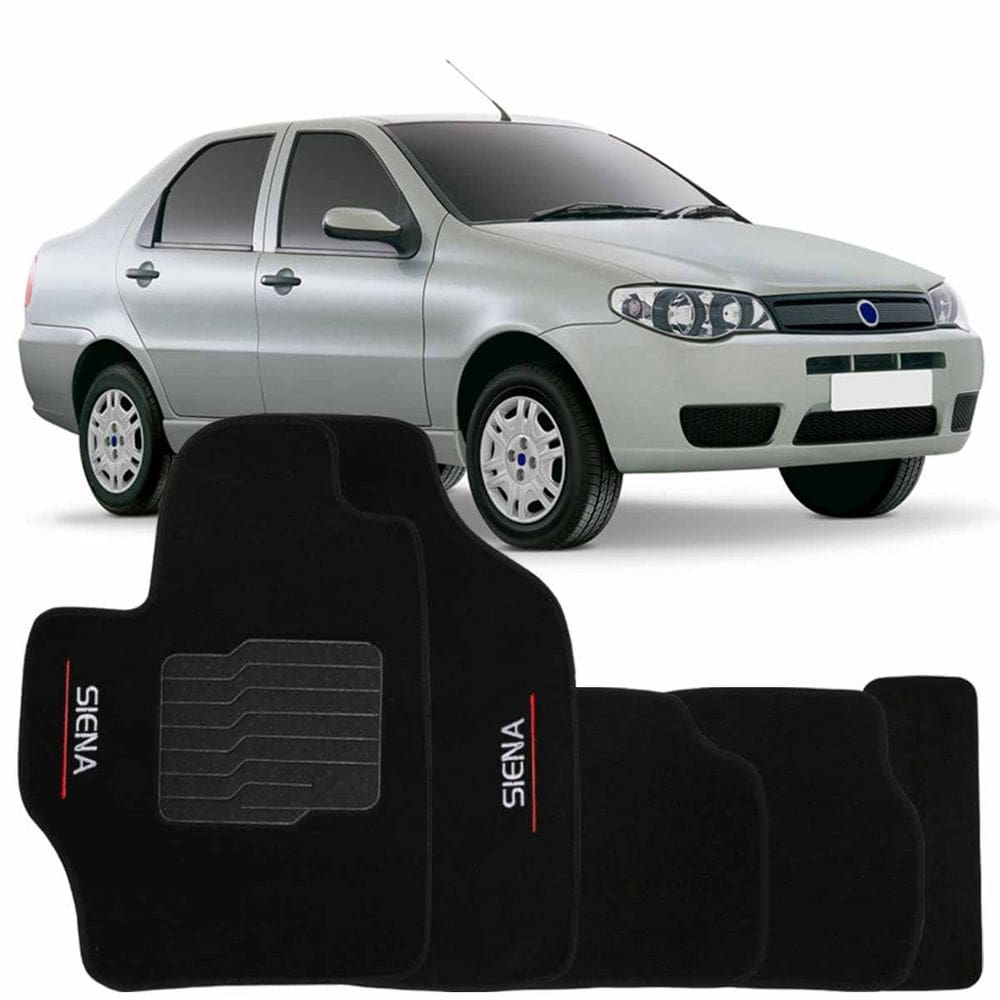 Jogo de Tapete Automotivo Carpete Fiat Siena 2001 à 2012 Soft Logo Bordado Preto 5 Peças