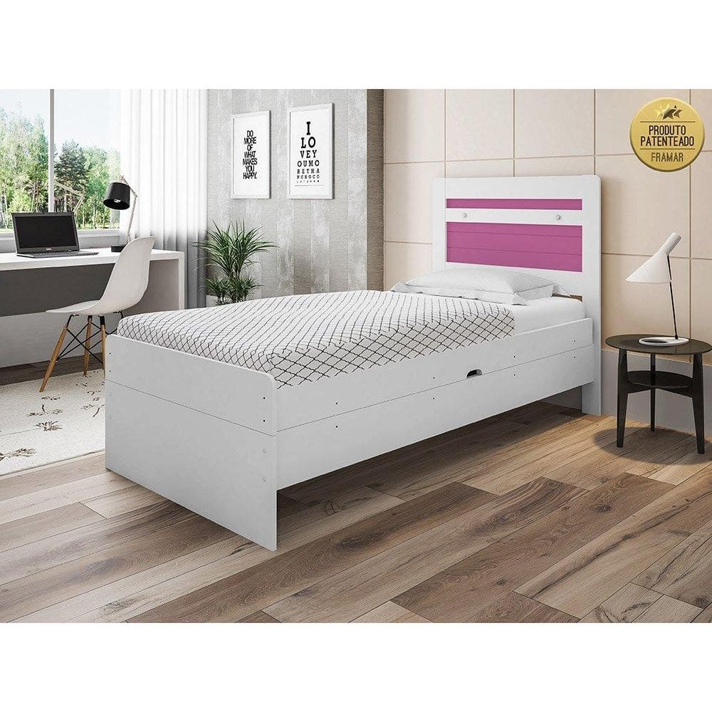 Cama Baú Solteiro Larissa Branco e Rosa