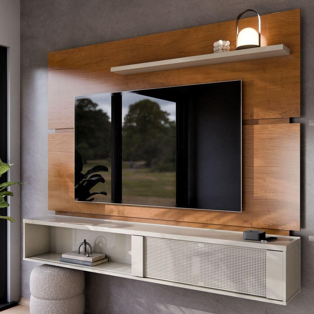 Painel Home Dom De Parede Até 75 Polegadas Para Sala De Estar Com Prateleira E Bancada Cinamomo Off