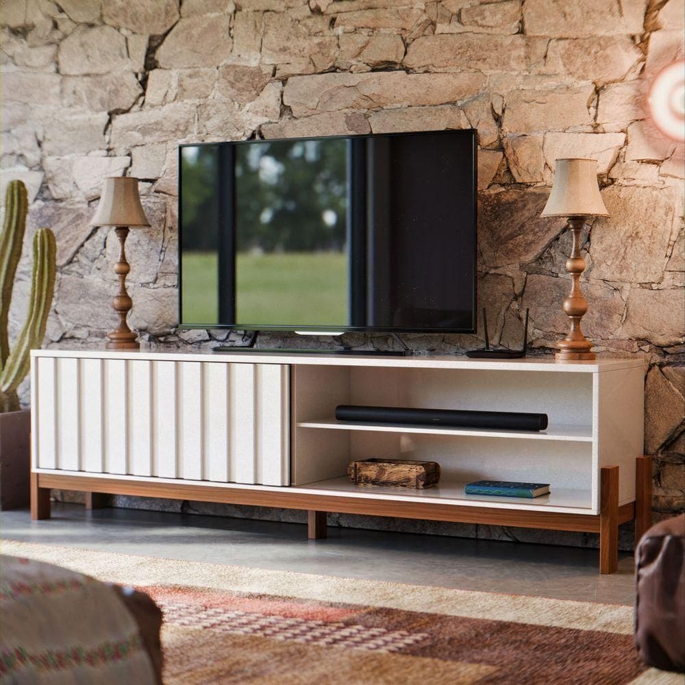 Rack Para De 65 Polegadas Com Porta Ripada De Correr New Aurora Estante E Prateleira Pérola