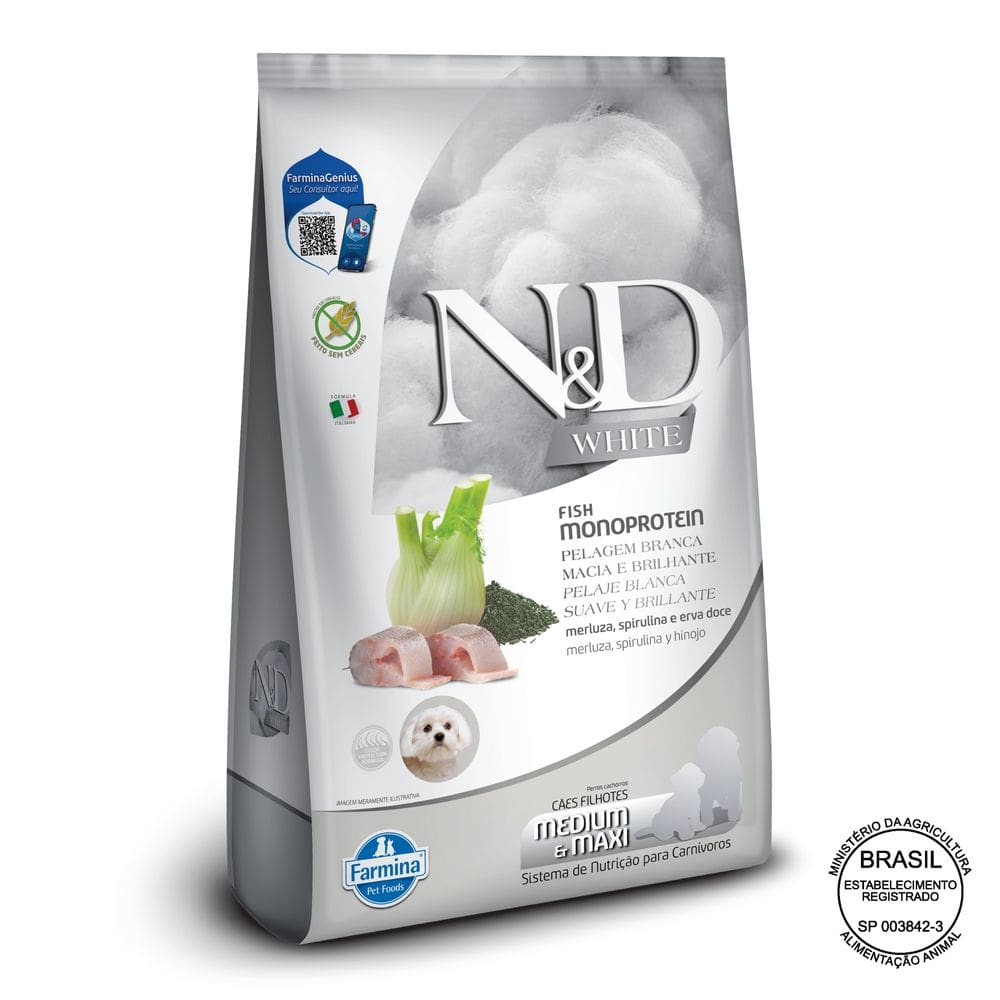 Ração ND White Cães Filhotes Medium/Max Merluza 7kg