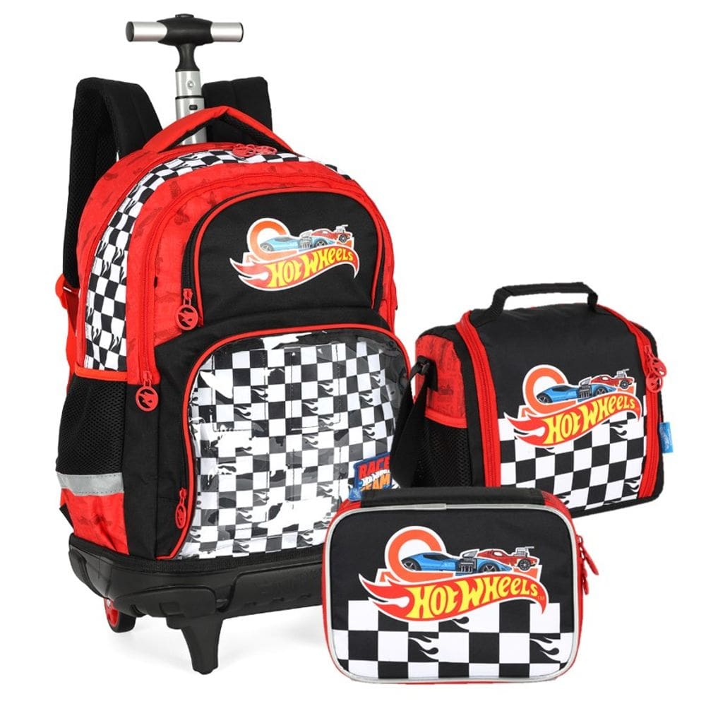 Kit Mochila de Rodinha Lancheira Estojo Hot Wheels Luxcel Estampa Xadrez