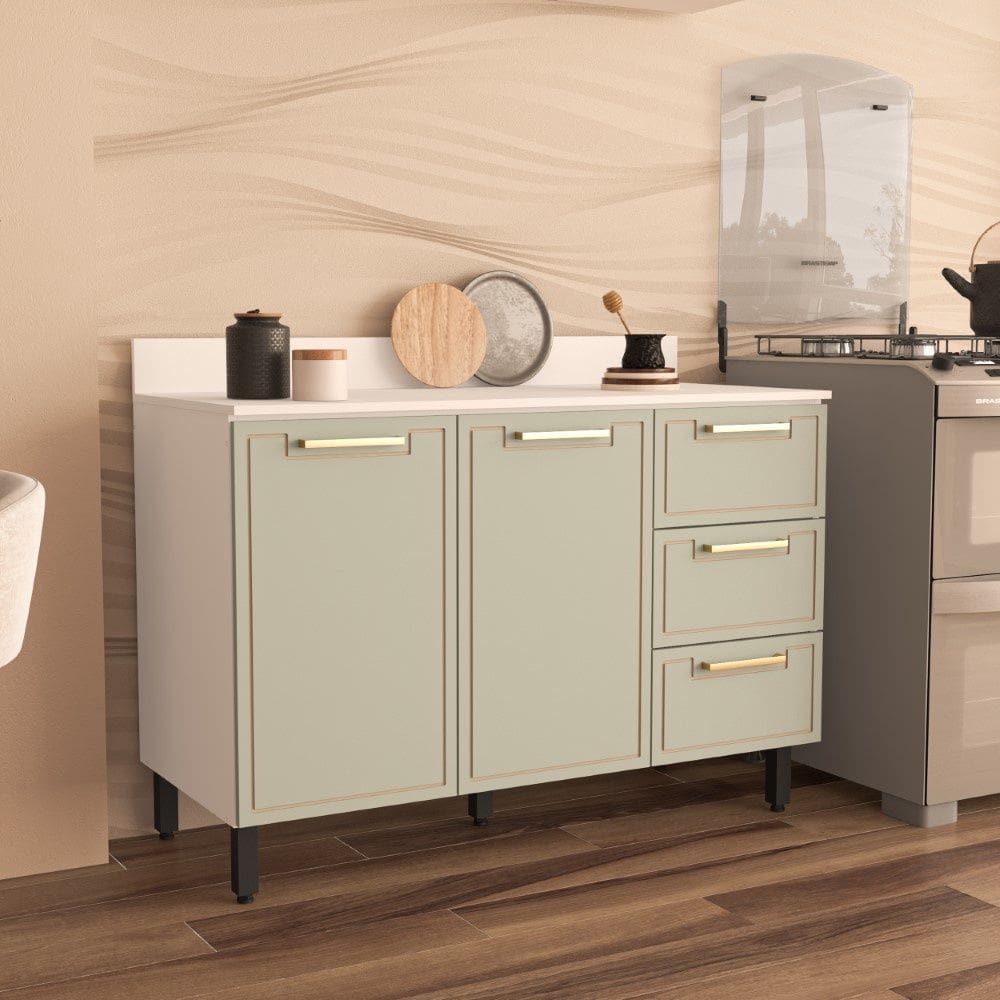 Balcão de Cozinha 120cm 2 portas 3 gavetas Com Tampo Amara Branco Verde Politorno Móveis
