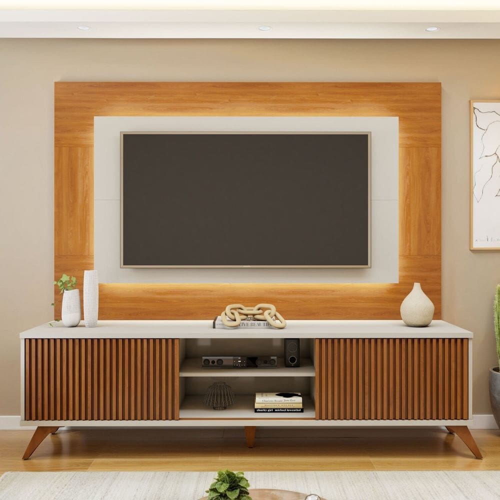 Rack com Painel para Tv 58 Polegadas com Led 100% Mdf 220cm Pés em Madeira Maciça Gaia Grécia Naturalle/Off White