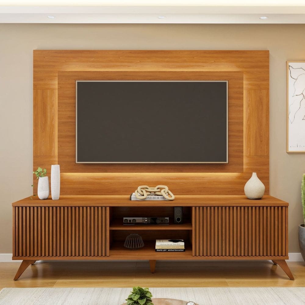 Rack com Painel para Tv 58 Polegadas com Led 100% Mdf 220cm Pés em Madeira Maciça Gaia Grécia Naturalle