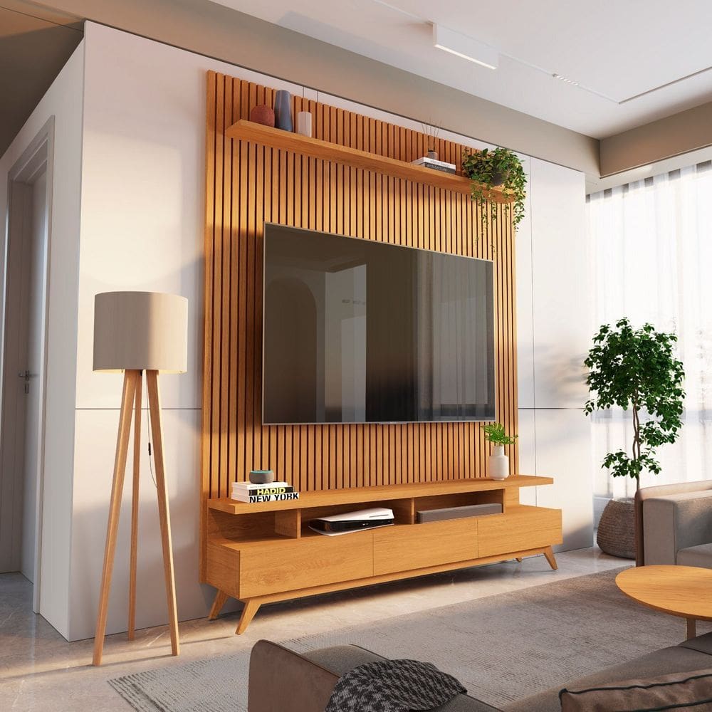 Rack com Painel Ripado para Tv até 72 Polegadas 185x250cm 100% Mdf Yucca Cabecasa Madeiraoriginals Marrom