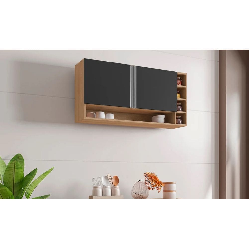 Armário Aéreo Multiuso Vanessa 105cm Amêndoa/Preto 2 Portas - AJL Móveis