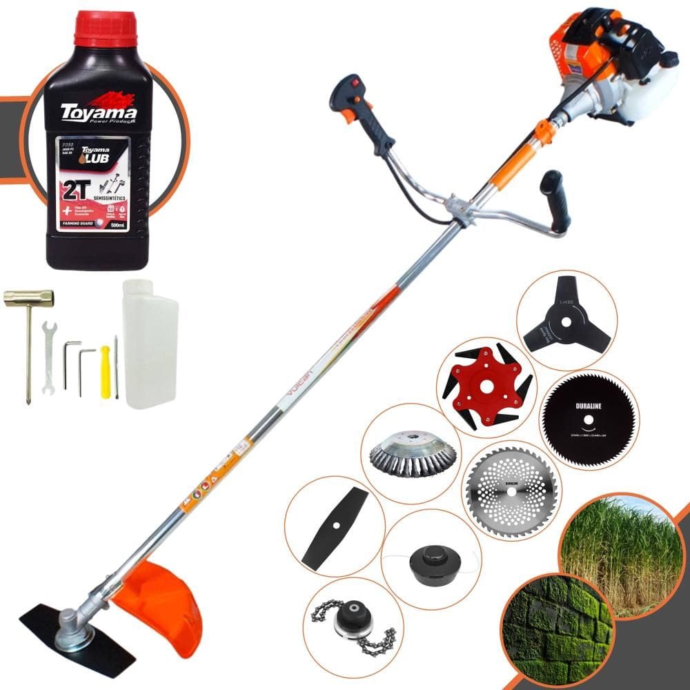 Roçadeira Vulcan VR430S 43cc 1,7HP Com Carretel + Faca 2 Pontas, 3 Pontas, 6 Pontas, 40 Dentes, 80 Dentes, Trimmer e Escova de Aço + ÓLEO TOYAMA 2T