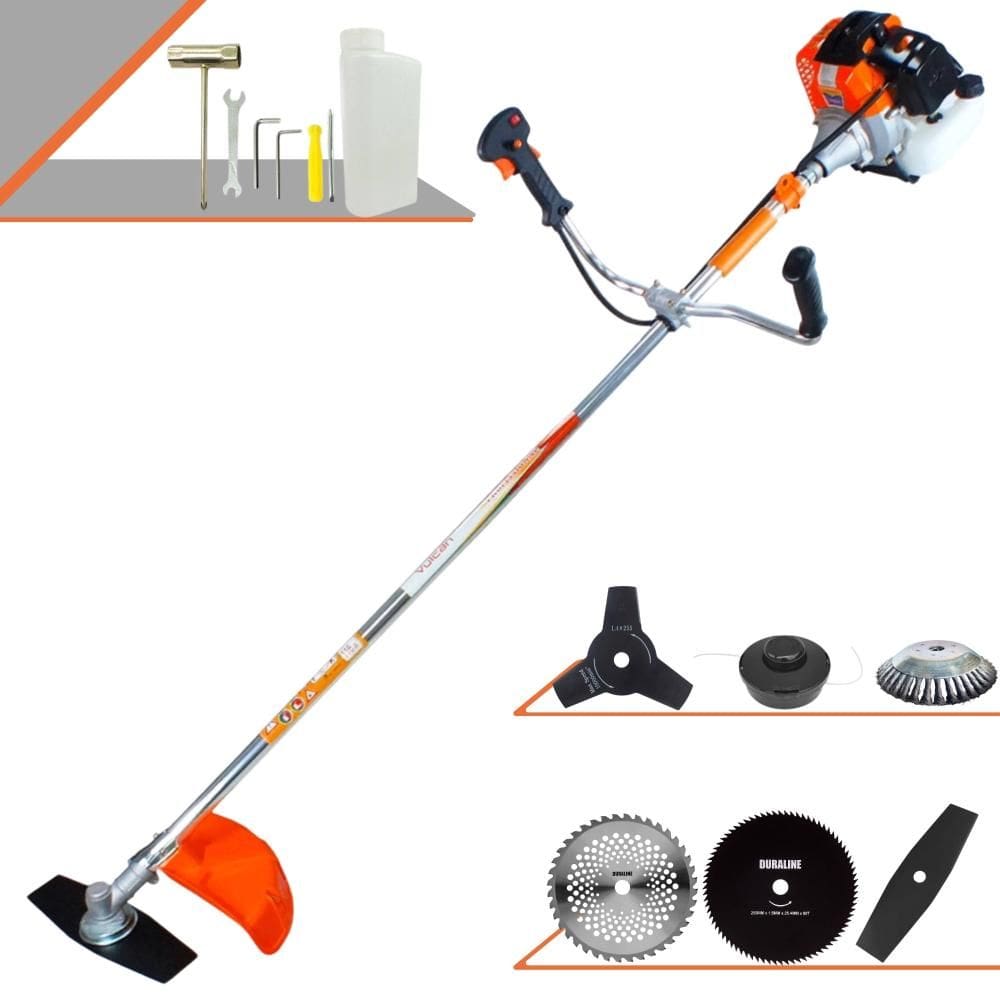 Roçadeira Profissional Vulcan VR430S À Gasolina 43cc 1,7HP 10000rpm C/ Carretel Nylon e Faca 2 Pontas + Kit de 3 Facas Extras + Escova de Aço Rotativa