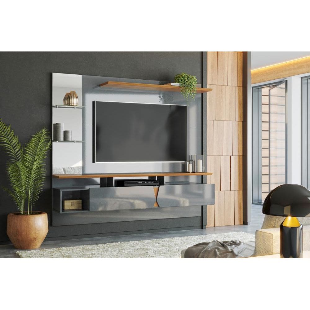 Painel Vega p/ Tvs Até 55``  c/ Gaveteiros e Prateleiras Suporte para Itens - Cinza Perolizado/Tauari