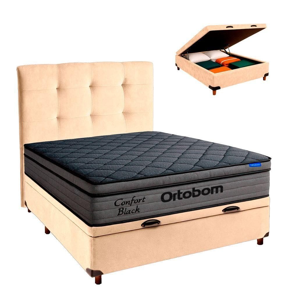 Baú Perola + Cabeceira + Colchão Casal Confort Black Ortobom