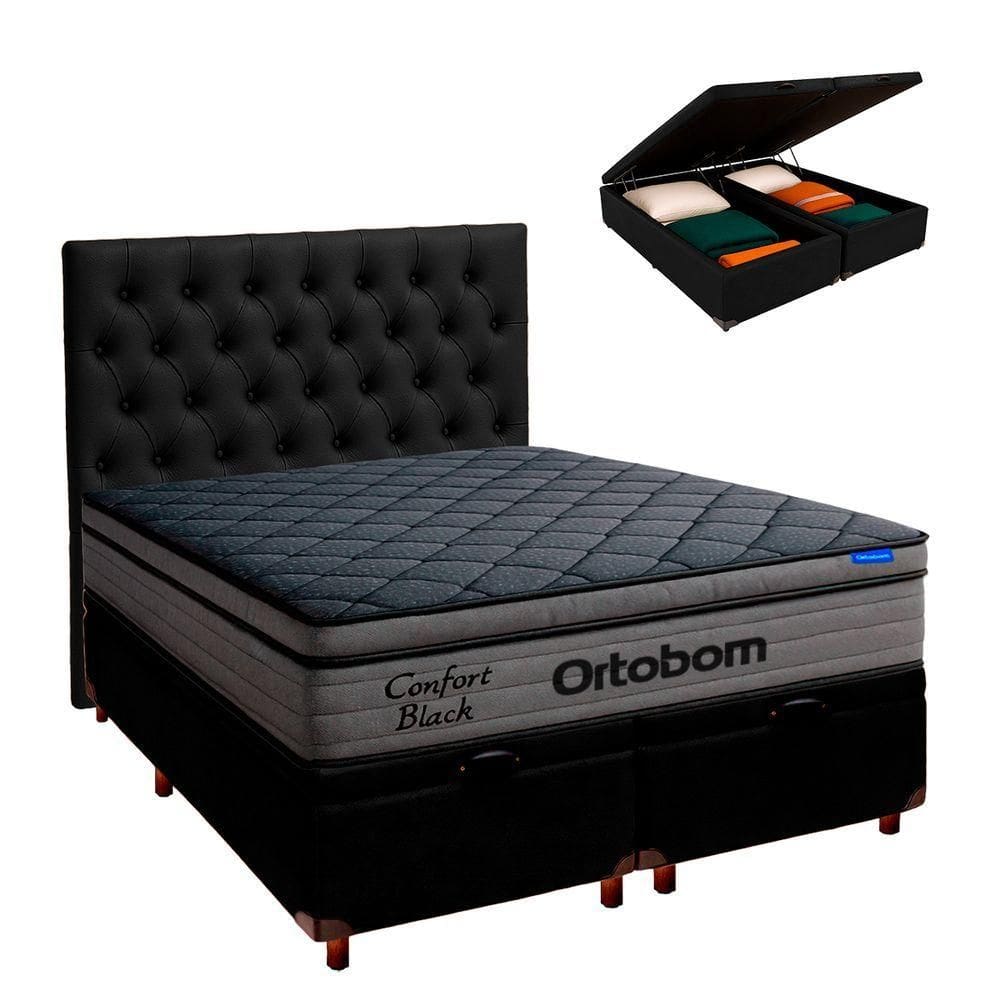 Baú Preto + Cabeceira + Colchão King Confort Black Ortobom