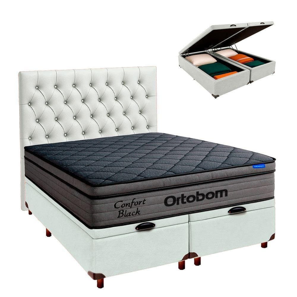 Baú Branco + Cabeceira + Colchão King Confort Black Ortobom