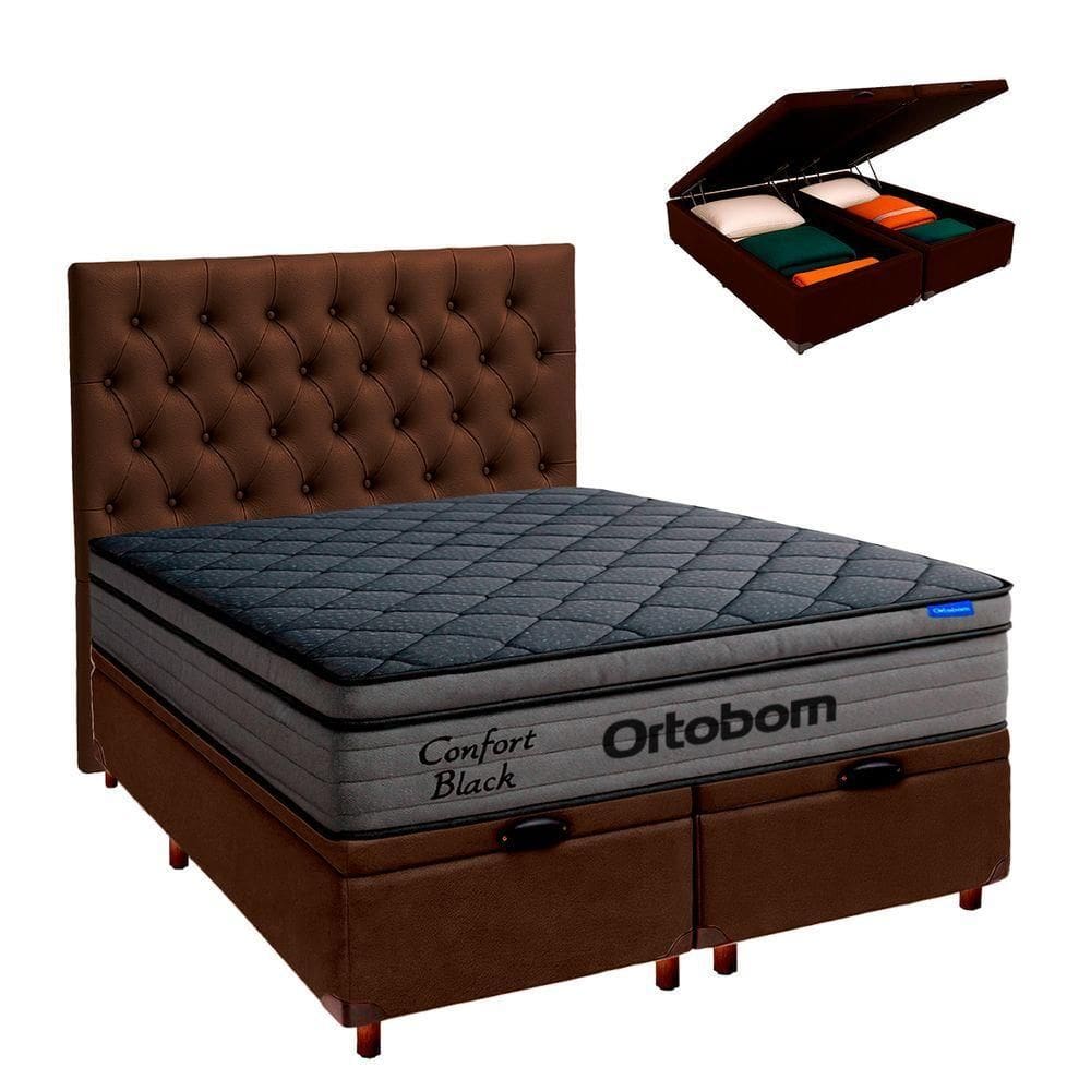 Baú Marrom + Cabeceira + Colchão King Confort Black Ortobom