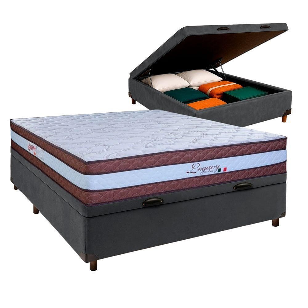 Cama Box Bau Cinza Casal + Colchão Molas Ensacadas Legaccy Paropas