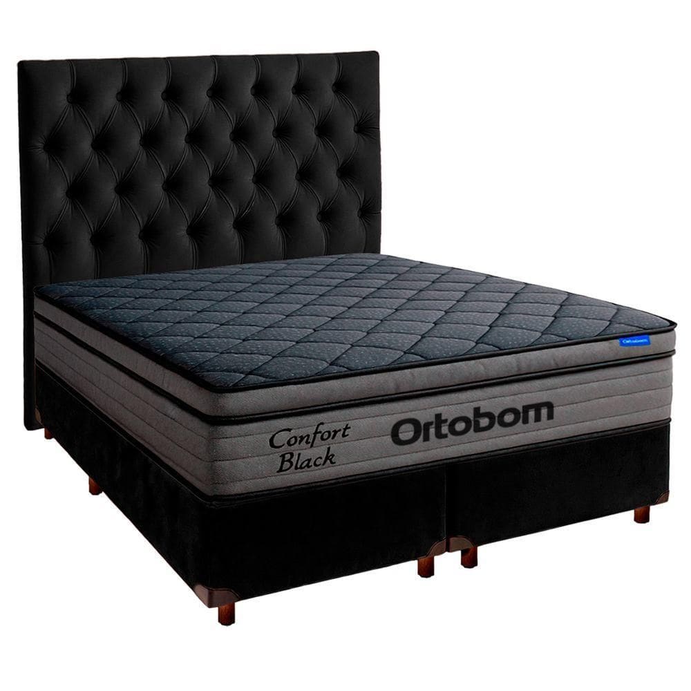 Cama Box Preto+cabeceira+colchão Queen Confort Black Ortobom