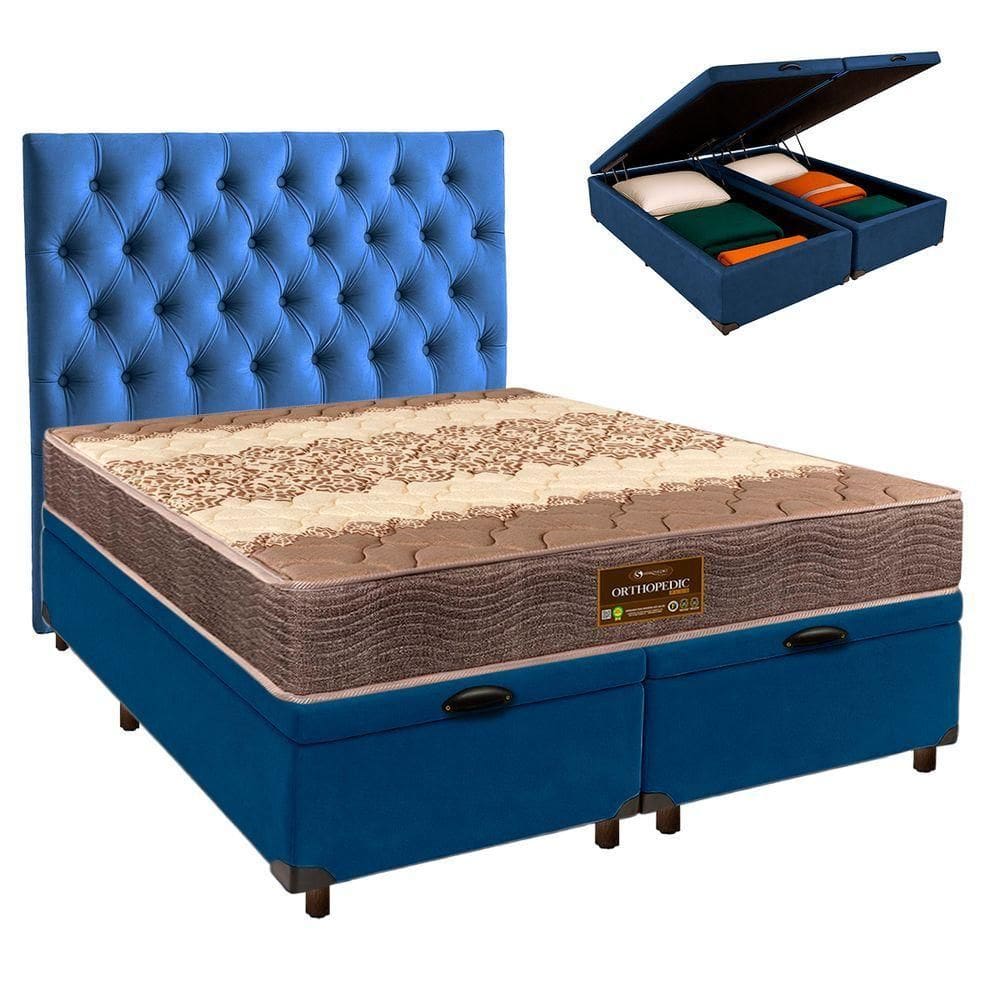 Conjunto Cama Box Bau Blindado Queen + Colchão D26 Ortophedic Sankonfort + Cabeceira