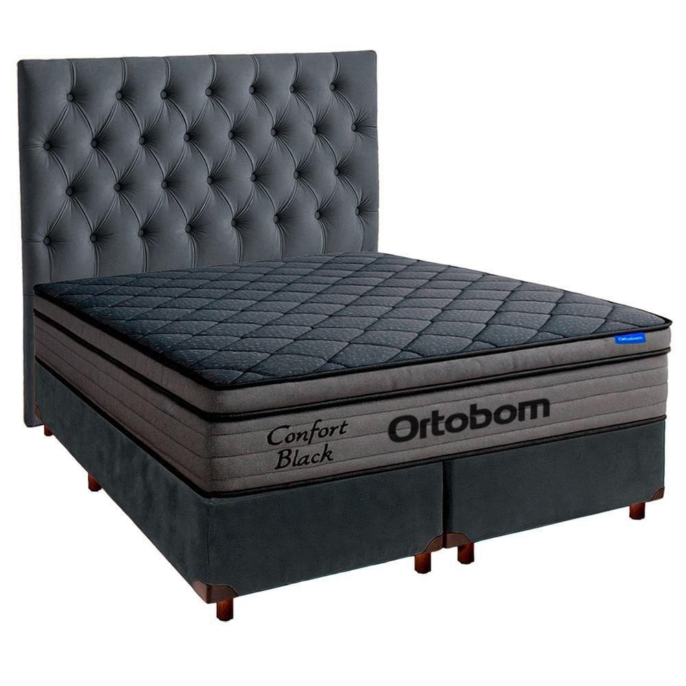 Cama Box Cinza+cabeceira+colchão King Confort Black Ortobom