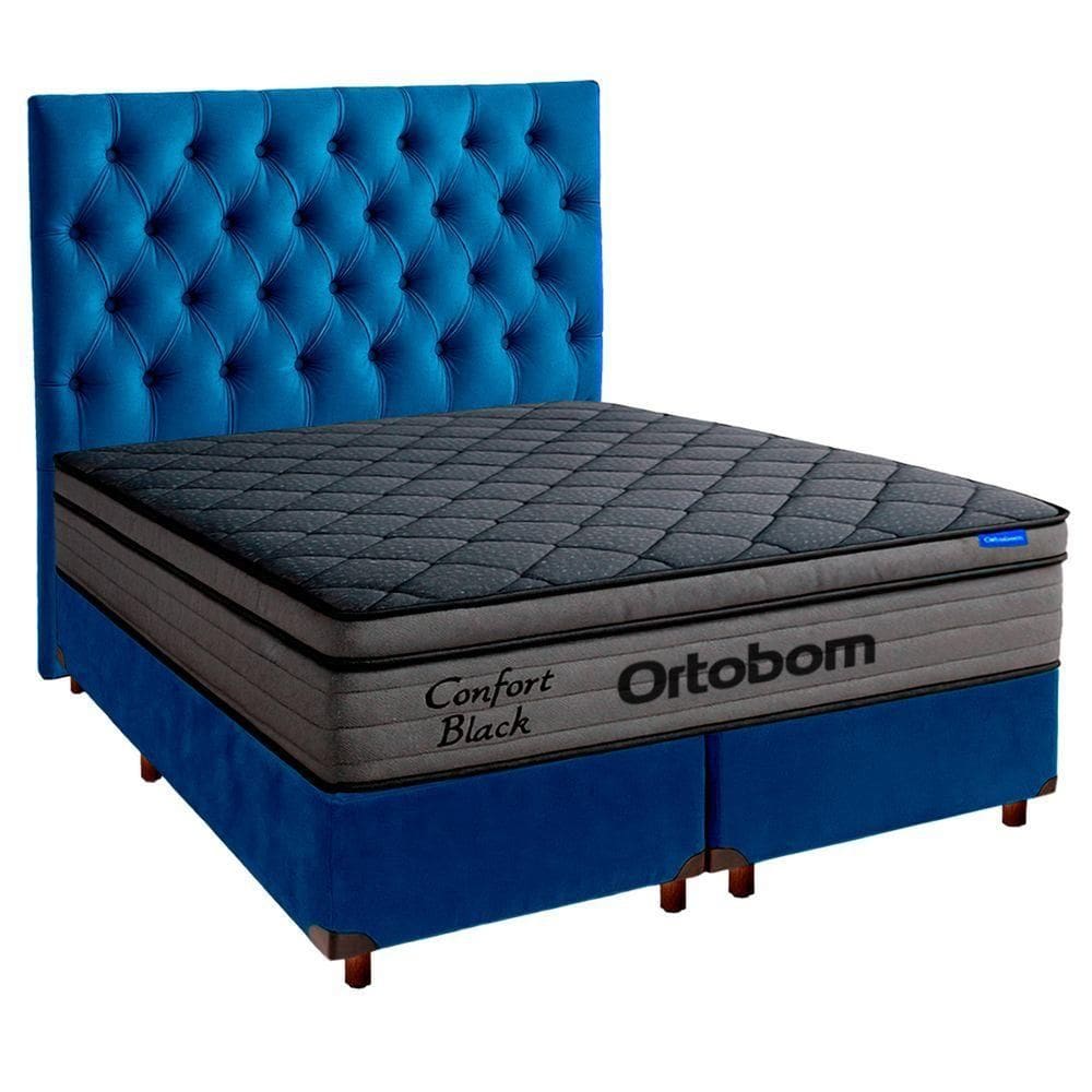 Cama Box Azul+cabeceira+colchão King Confort Black Ortobom