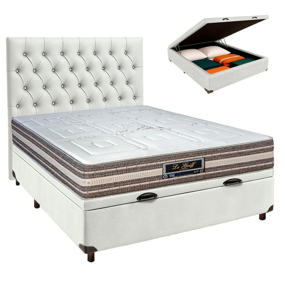 Conjunto Cama Box Bau Branco Casal + Colchão Molas Ensacadas Legriff Sankonfort + Cabeceira