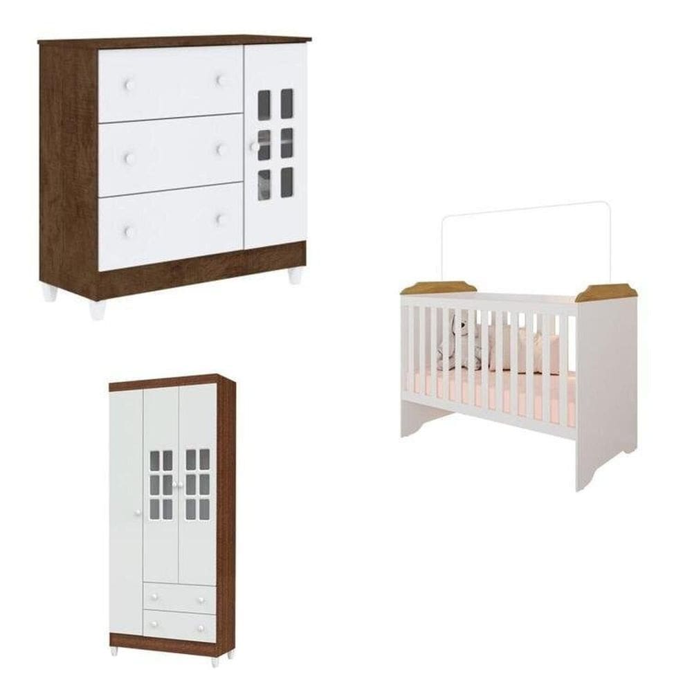 Conjunto de Quarto Infantil Guarda-roupa de Bebê 3 Portas Maria, Cômoda Infantil Maria e Berço Mel Branco/Bétula