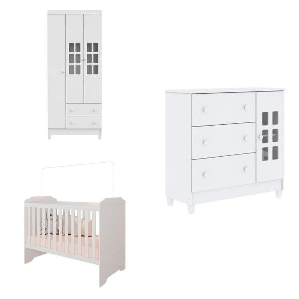 Conjunto de Quarto Infantil Guarda-Roupa de Bebê 3 Portas Maria, Cômoda Infantil Maria e Berço Mel Branco
