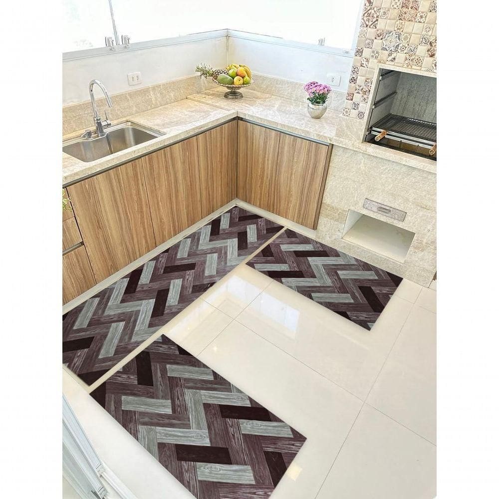 Kit 3 Peças Jogo Cozinha Passadeira Manta Vinilico Laminado Mosaico Marrom