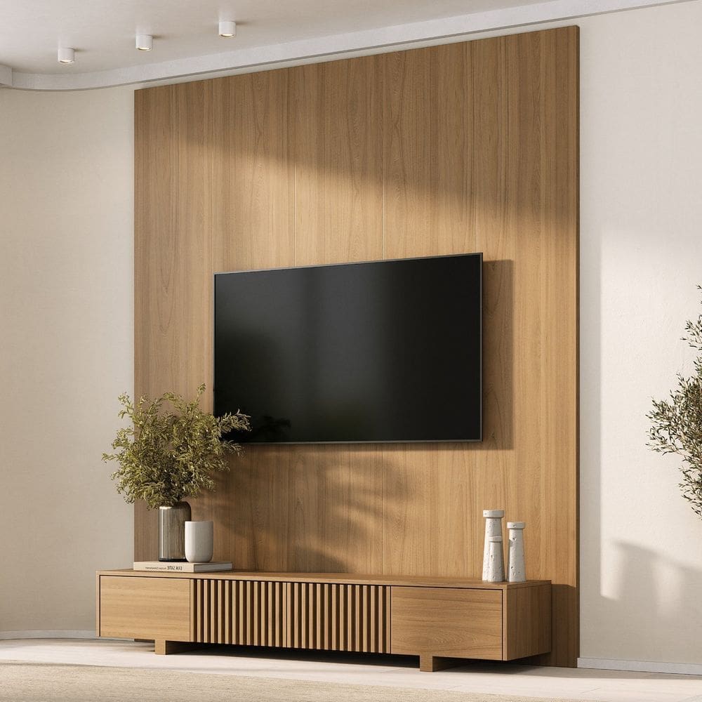 Rack com Painel para Tv até 75 Polegadas Ripado 200x230cm Aruá Cabecasa Madeiraoriginals Jatoba