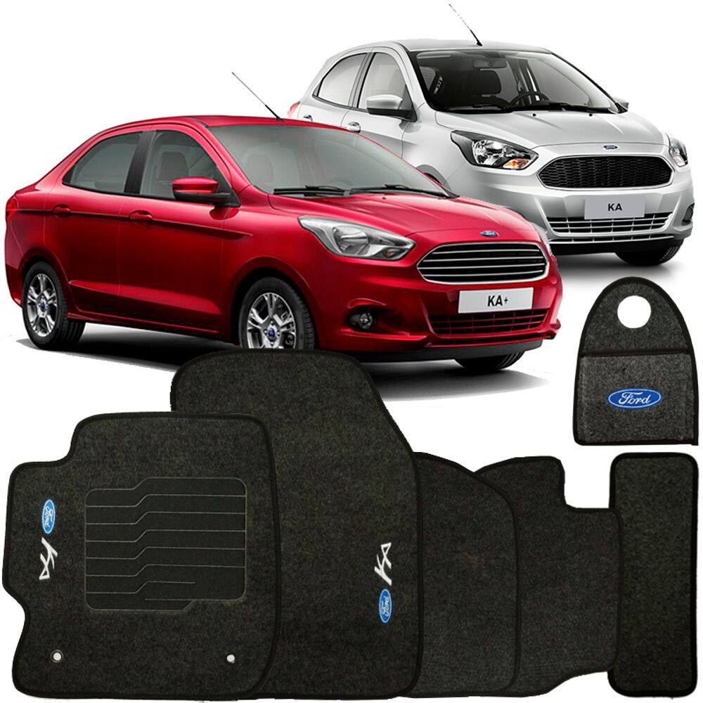 Jogo Tapete Automotivo Carpete + Lixeira Ford Ka 2015 à 2019 Soft Logo Bordado Grafite 6 Peças