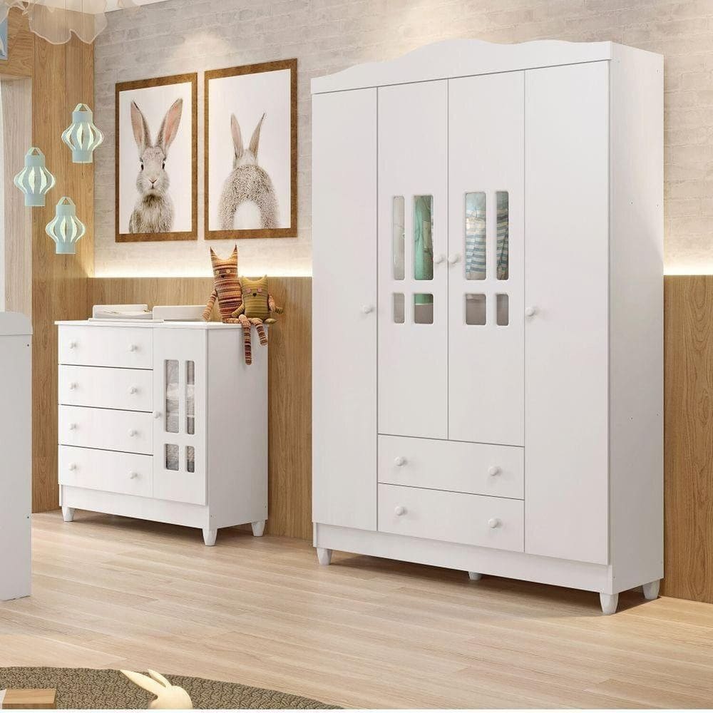 Cômoda Ariel com Porta e Guarda-roupa Ariel 4 Portas Branco