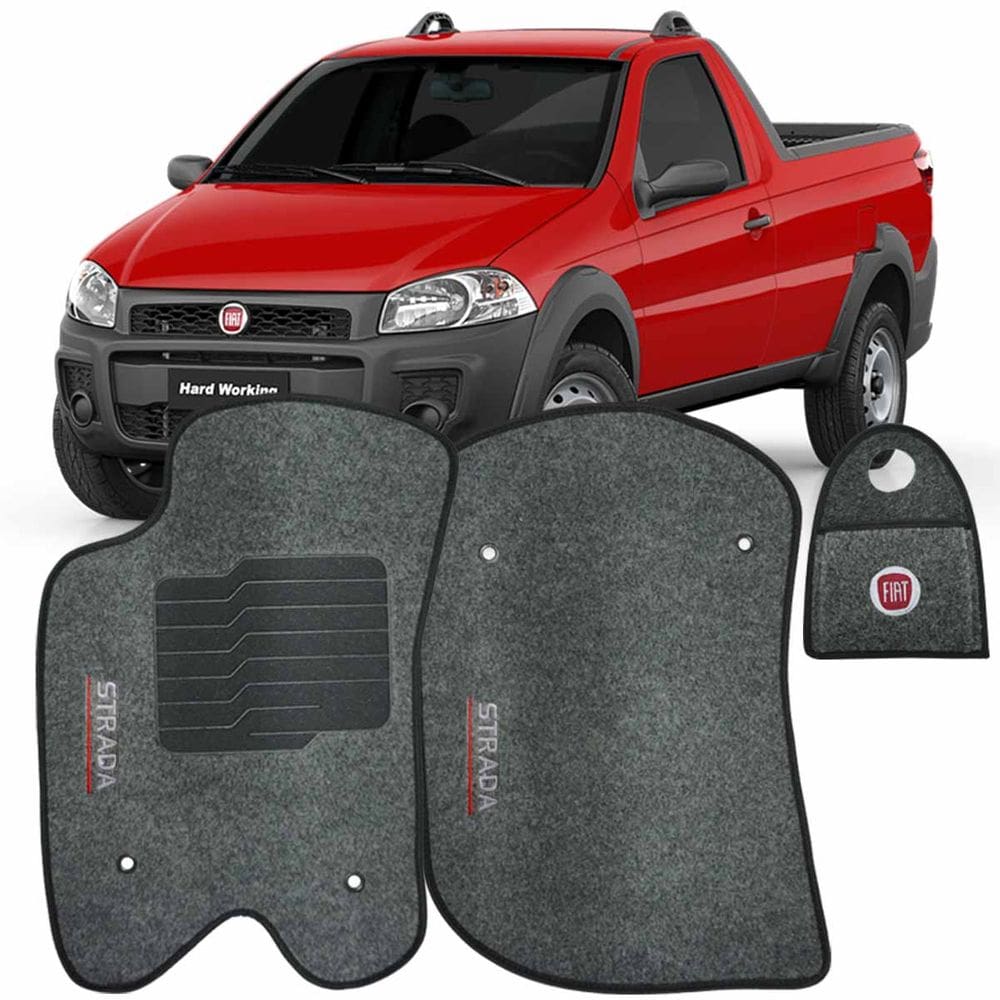 Jogo Tapete Carpete + Lixeira Fiat Strada Cab. Simples 2013 à 2019 Soft Logo Bordado Grafite 3 Peças