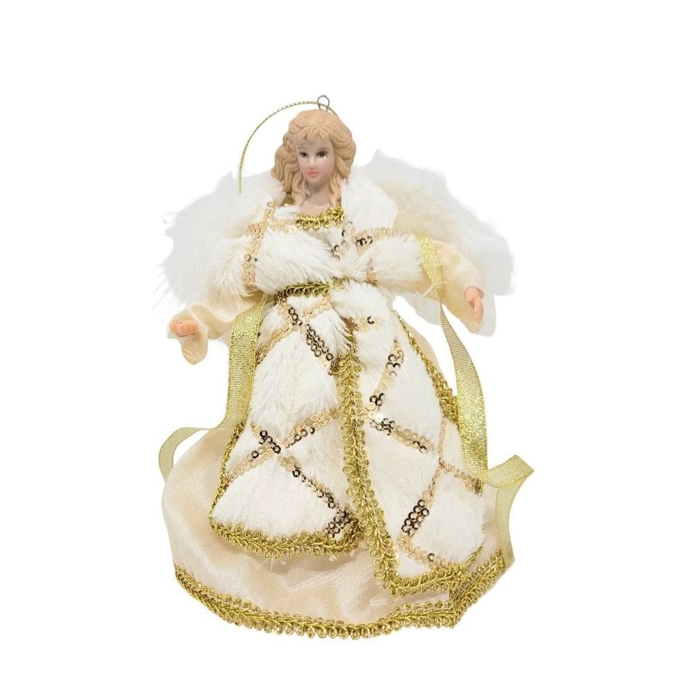 Anjo Decorativo Natal Pendente Veludo Luxo Branco e Dourado 17cm - Noel Decor