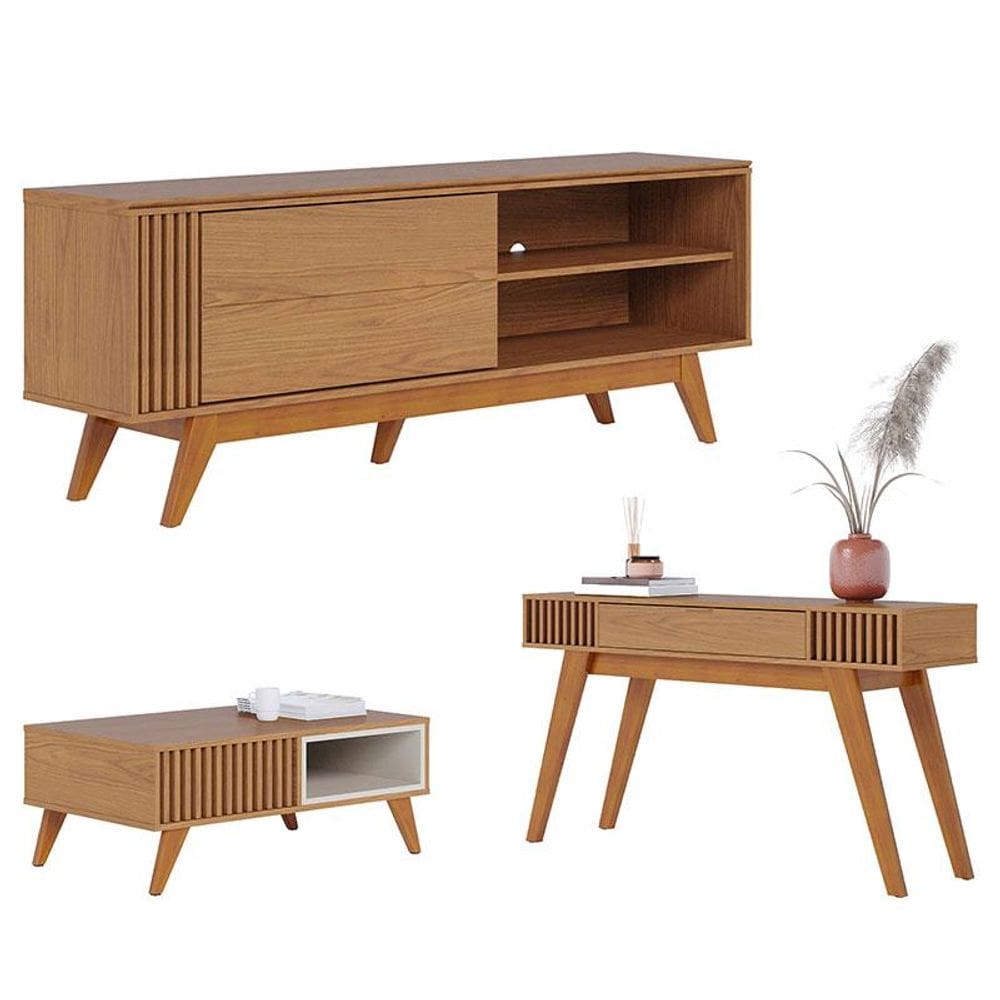 Rack Bancada Otawa com Aparador Riviera Freijó e Mesa de Centro Jeri Freijó Off White - Colibri