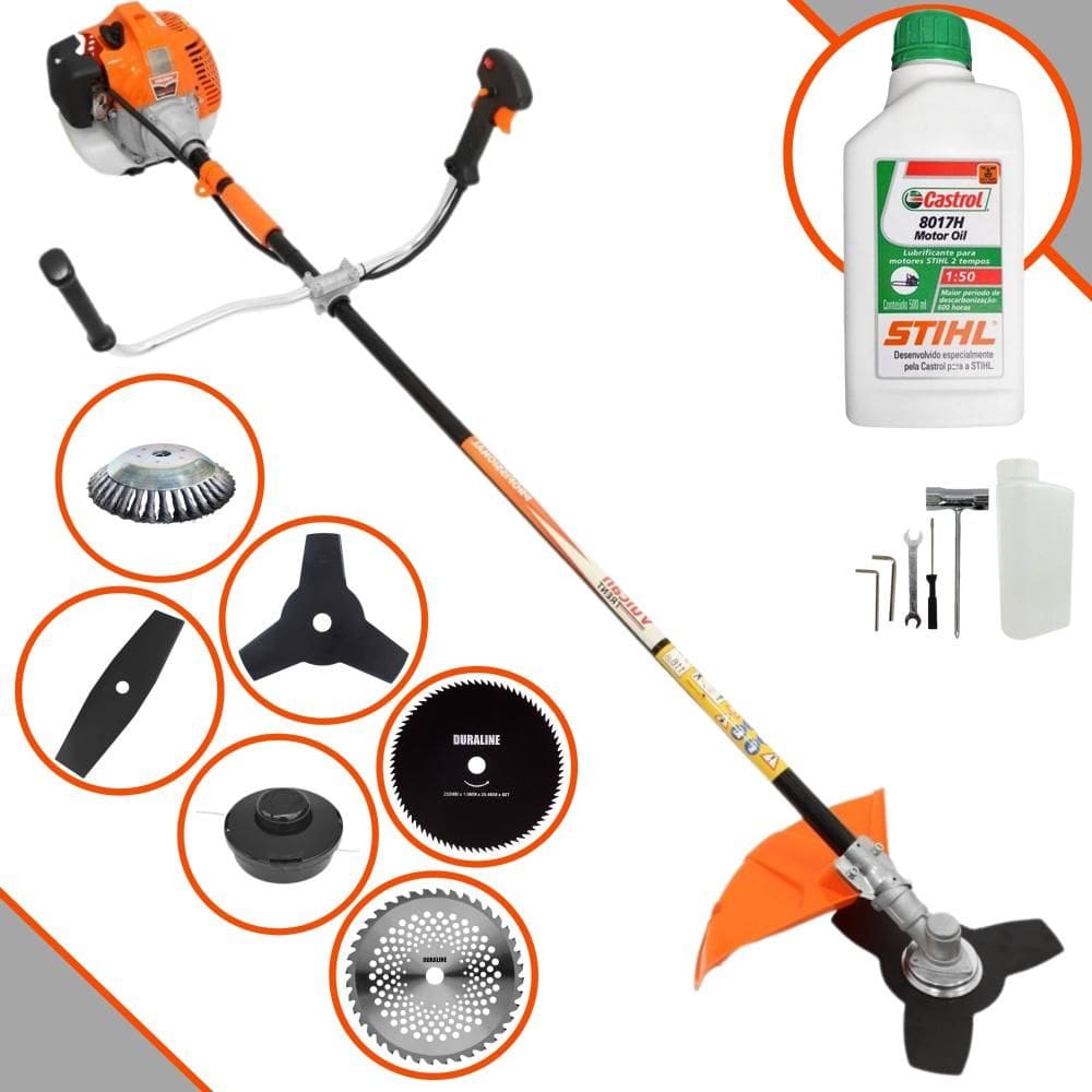 Roçadeira Podador de Grama Vulcan VR520H À Gasolina 52cc 2,5HP Com 6 Opções de Cortes, Carretel de Nylon + Kit 4 Facas + Escova de Aço + ÓLEO STIHL 2T