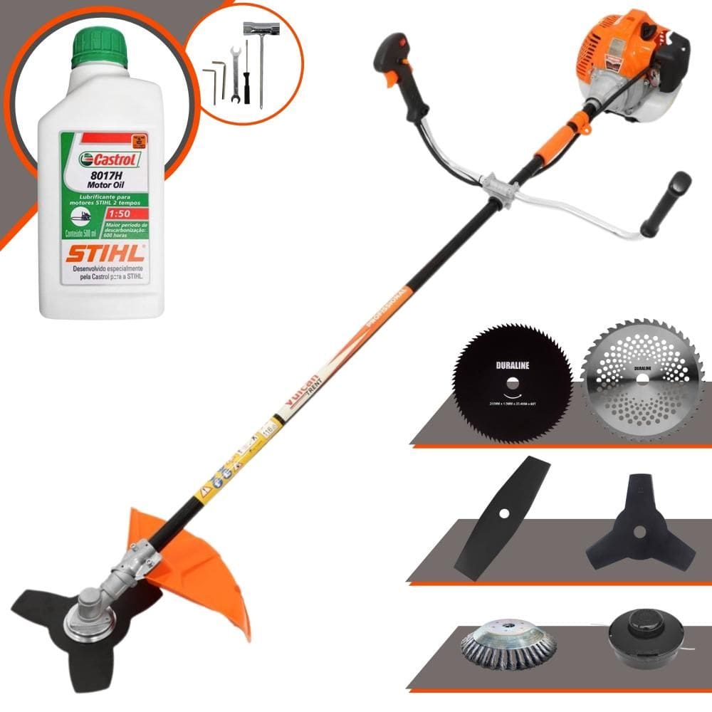 Roçadeira Aparador de Grama À Gasolina Vulcan VR520H 52cc 2,5HP 10.000rpm Completo Com Kit 4 Lâminas + Carretel de Nylon + Escova de Aço + ÓLEO STIHL