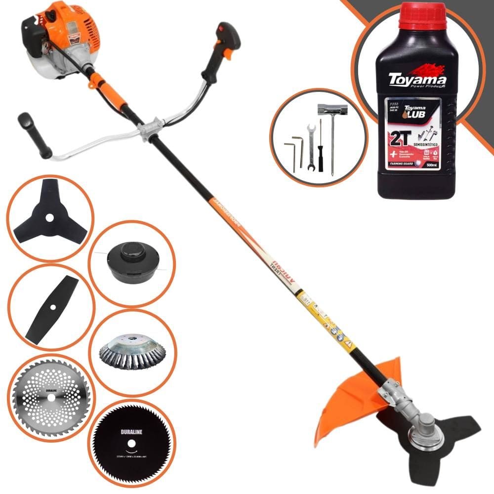 Roçadeira Cortador de Grama À Gasolina Vulcan VR520H 52cc 2,5HP 10.000rpm Completo Com Kit 4 Lâminas + Carretel Nylon + Escova de Aço + ÓLEO TOYAMA 2T