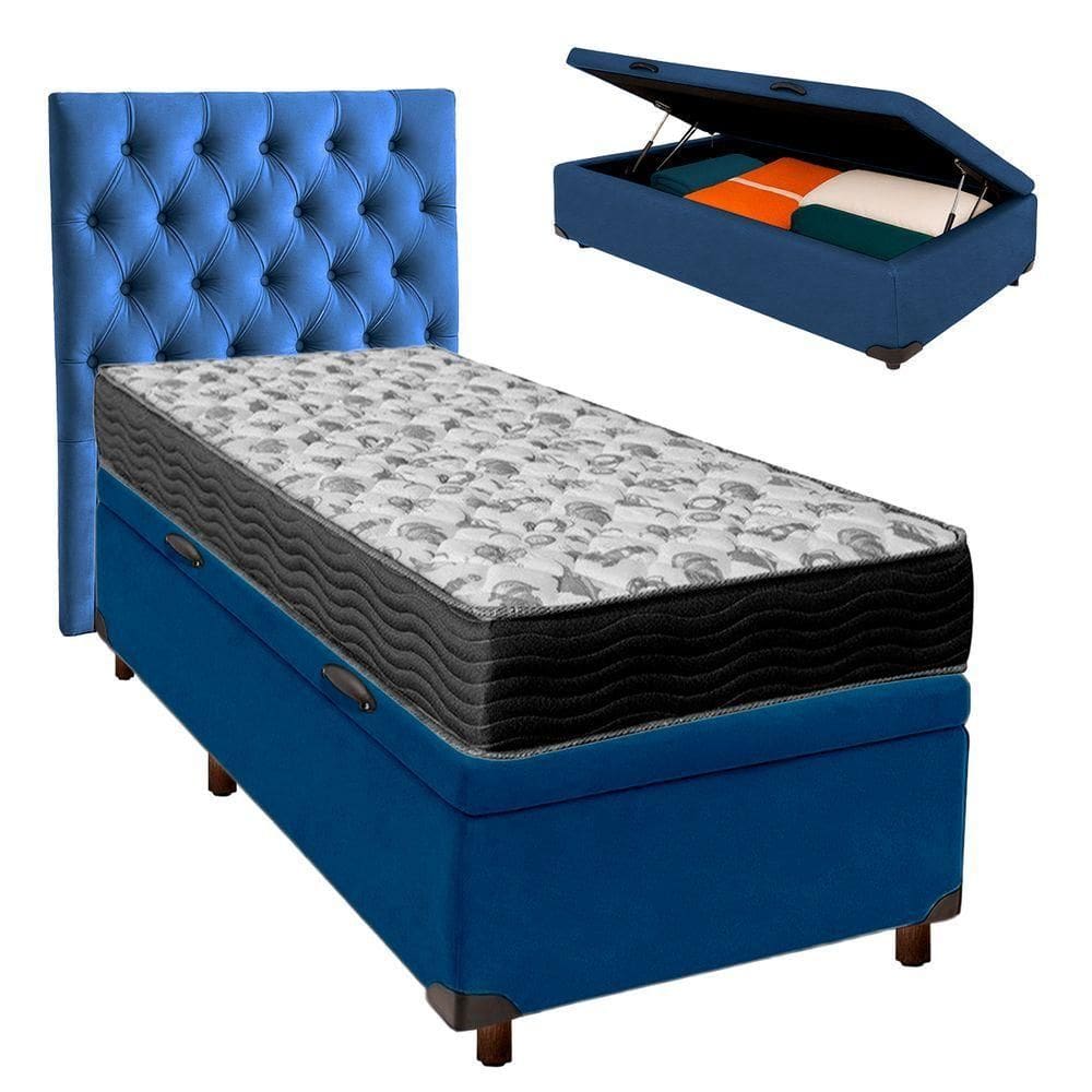 Cama Box Bau + Colchão Solteiro Ortobom D33 Iso100 + Cabeceira Estofada