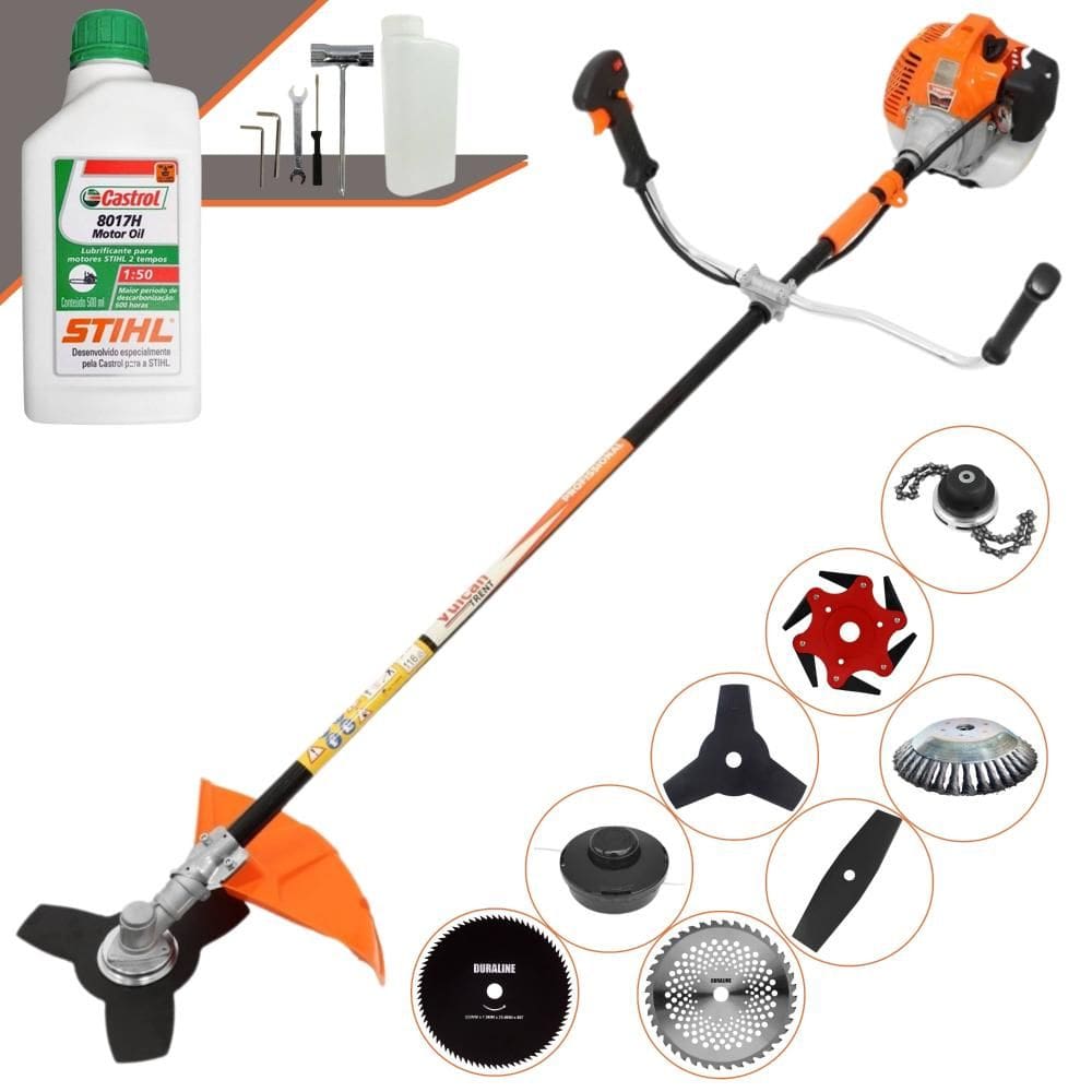 Máquina de Corta Grama Vulcan VR520H À Gasolina 52cc 2,5HP 10.000rpm Multifunções Completa Com Carretel de Nylon + 7 Opções de Corte + ÓLEO STIHL 2T