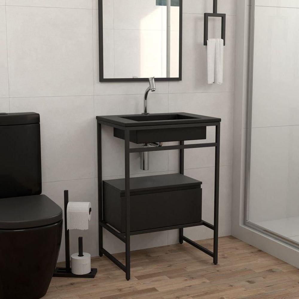Gabinete Para Banheiro Iron Black Com Gaveteiro 60x45cm Preto Fosco