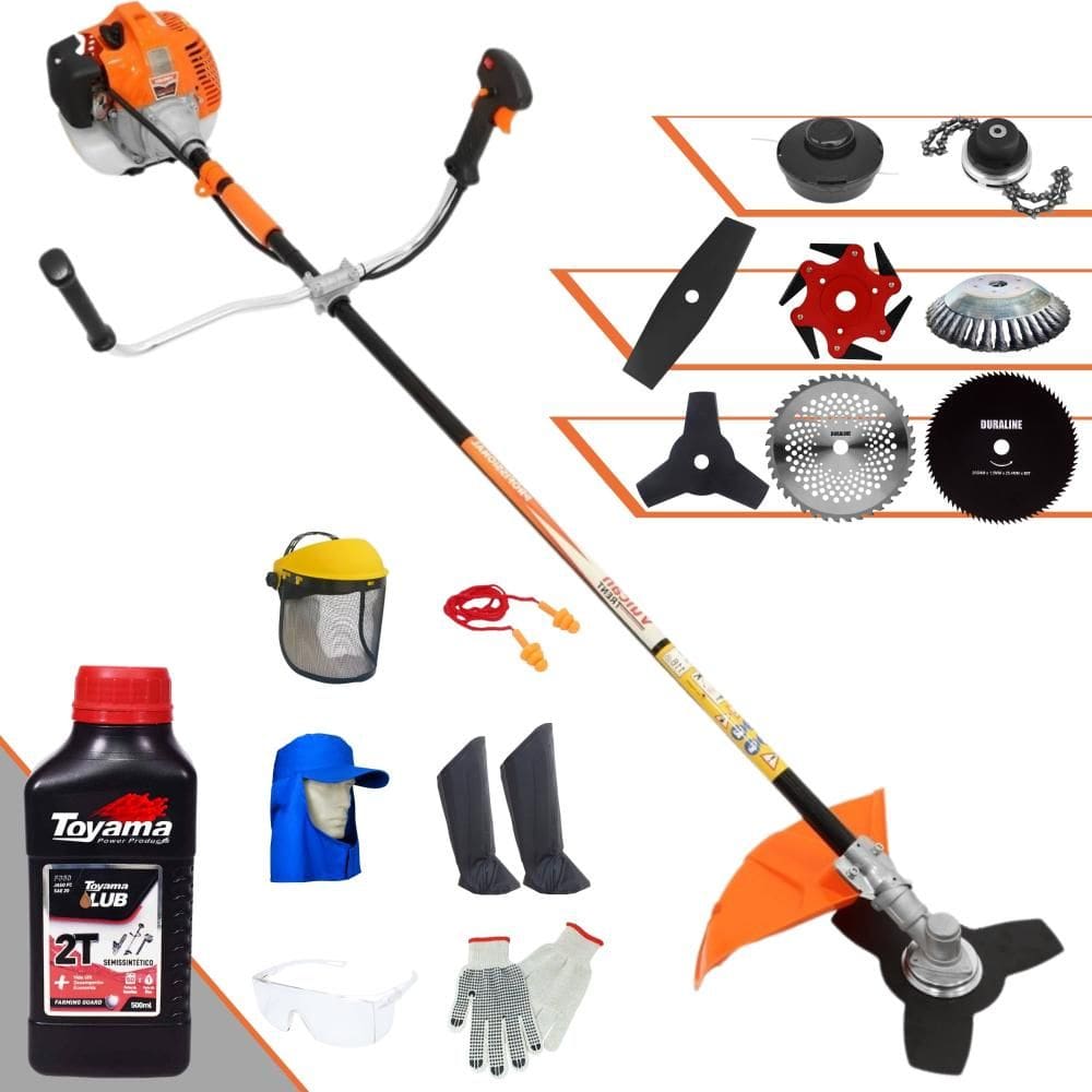 Roçadeira Vulcan VR520-H 52cc 2,5HP + Facas 2 Pontas, 3 Pontas, 6 Pontas, 40 Dentes de Vídea, 80 Dentes, Trimmer e Escova de Aço + EPI + ÓLEO TOYAMA