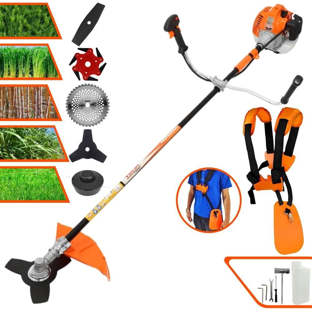 Roçadeira Robusta Vulcan VR520-H À Gasolina 2T 52cc 2,5HP 10.000rpm Profissional e de Alta Performance Com Carretel de Nylon e Kit 4 Lâminas de Cortes
