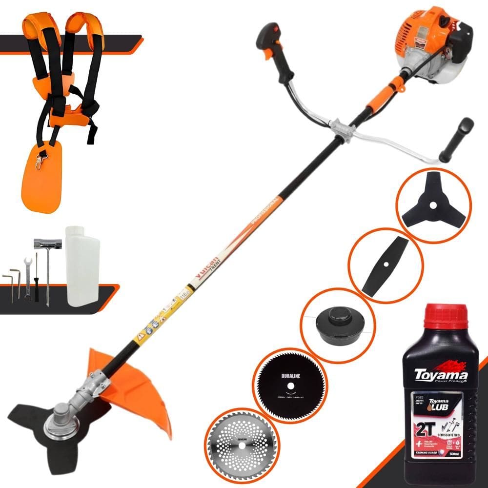 Roçadeira Vulcan VR520H 52cc 2,5HP Com Carretel de Nylon + Lâmina Facão + Lâmina 3 Pontas + Lâmina 40 Dentes Vídea + Lâmina 80 Dentes + ÓLEO TOYAMA 2T