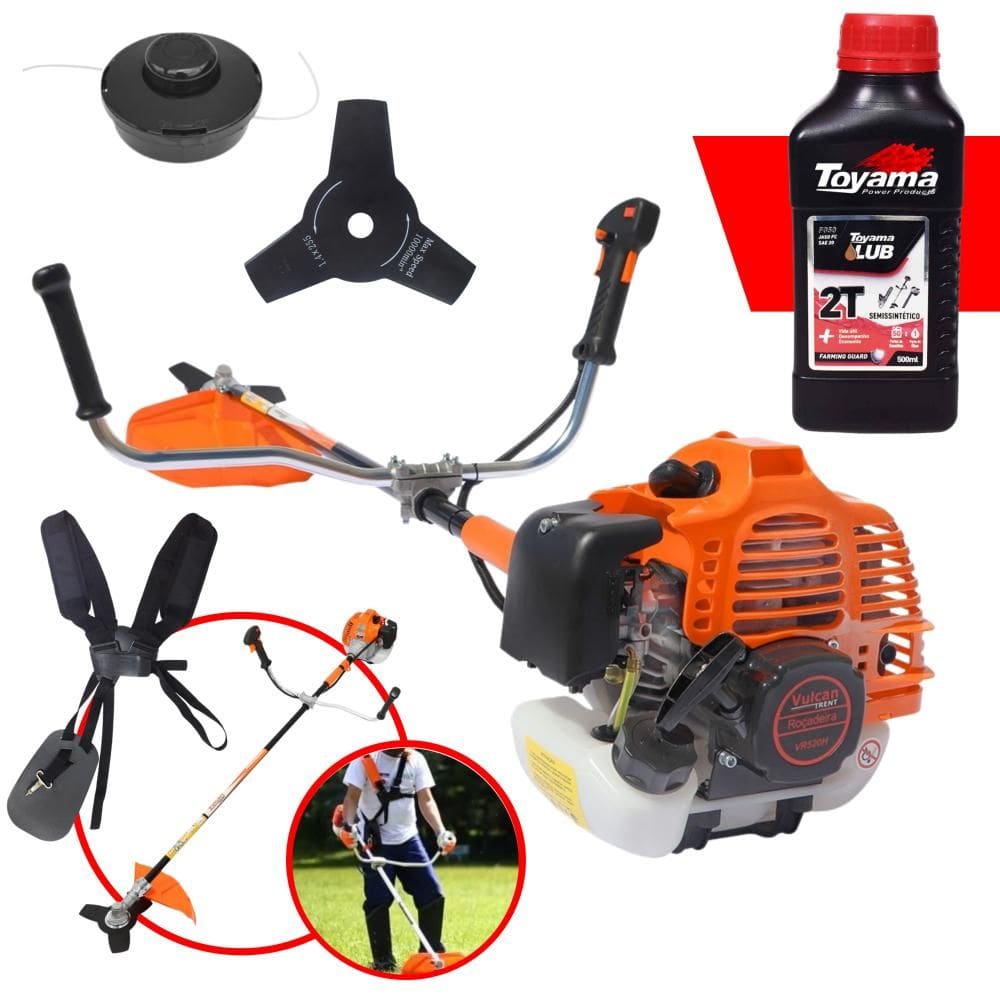 Roçadeira Máquina de Corta Grama Vulcan VR520H À Gasolina 52cc 2,5HP de Potência 10000rpm Roçadeira Com Lâmina 3 Pontas + Carretel + ÓLEO TOYAMA 2T