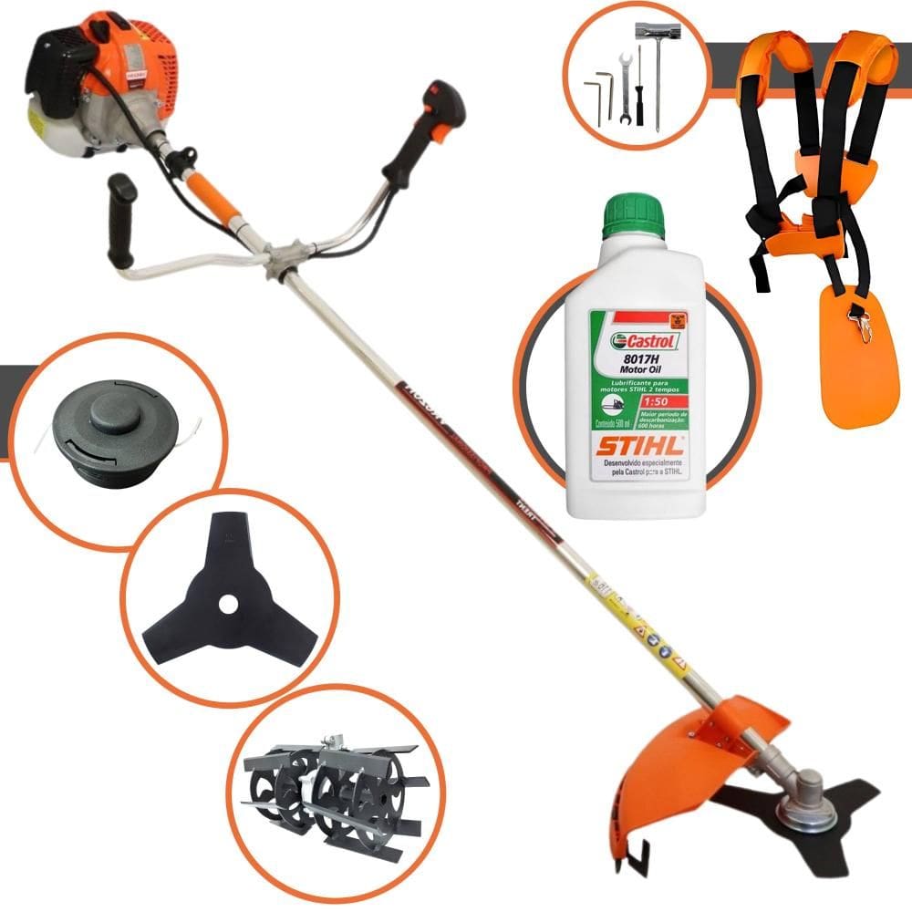 Roçadeira Lateral Vulcan VR620H À Gasolina 62cc 3HP de Potência 12.500rpm Completo Com Carretel Nylon + Lâmina 3 Pontas + Enxada Rotativa + ÓLEO STIHL