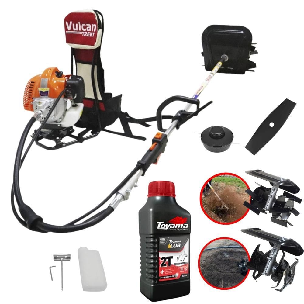 Roçadeira Lateral Vulcan VRC430 À Gasolina 43cc 1,7HP 10.000rpm Com Carretel + Lâmina Facão + Enxada Capinadeira + Enxada Cultivadora + ÓLEO TOYAMA 2T