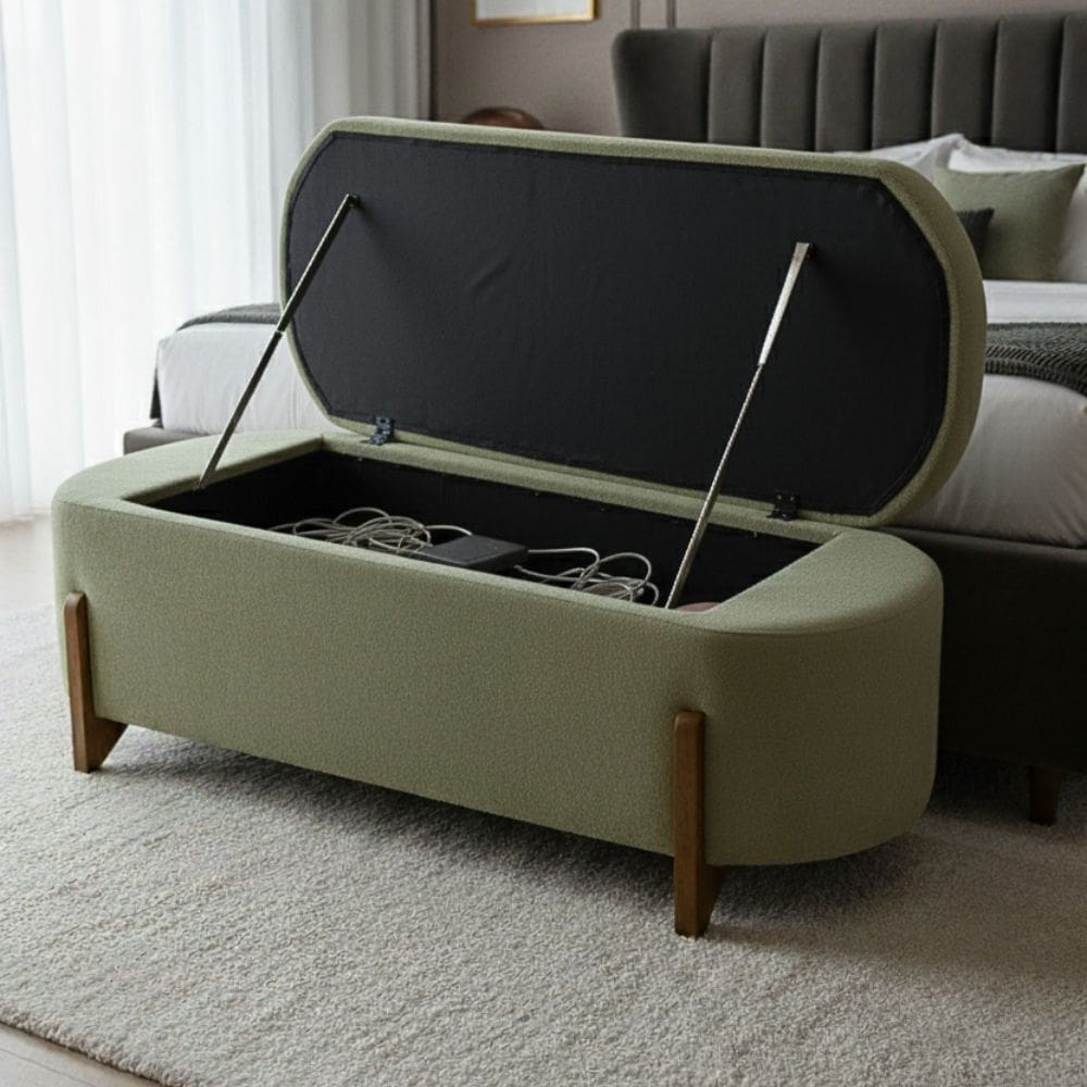 Banco Baú Organizador Estofado Orgânico Milão Peseira 1,40 Bouclê Verde Oliva - Montanari`s Decor