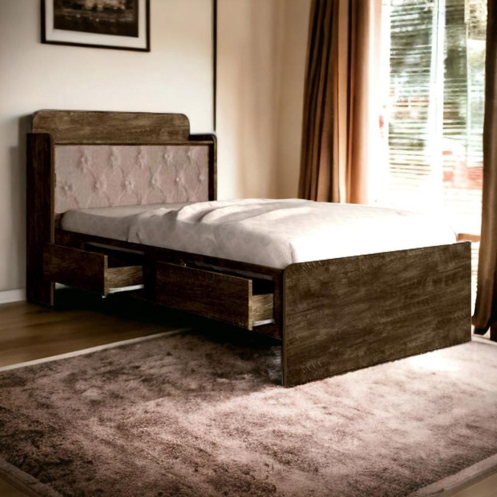 Cama Tamires Baú Castanho com Capitonê Bege