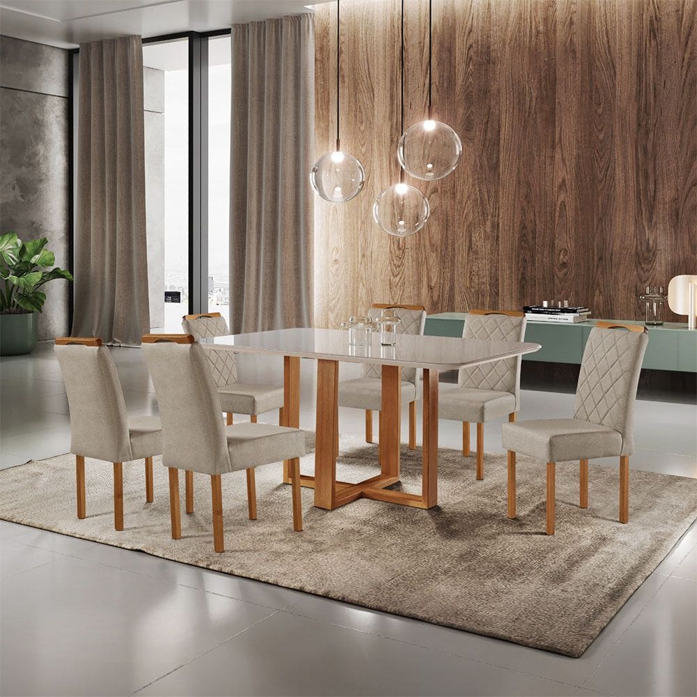Conjunto Sala de Jantar 6 Lugares Florida Mesa e Cadeiras Madeira Macica Tecido Linho Bege Moveis Mundial