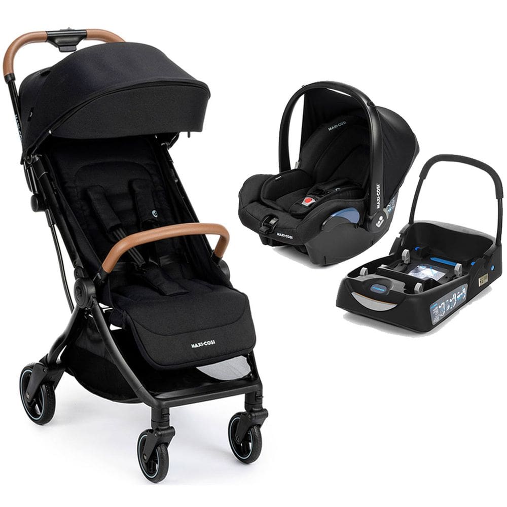 Carrinho de Bebê Maxi Cosi Eva 3 Travel System Trio Berço Passeio Com Bebê Conforto Citi 2 e Base Carro Fecha com Uma Mão Preto Essential Black